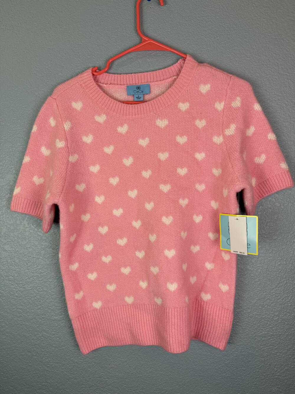 CeCe Sweater Womens Small Pink White Heart Short Sleeve Pullover Knit Cute New